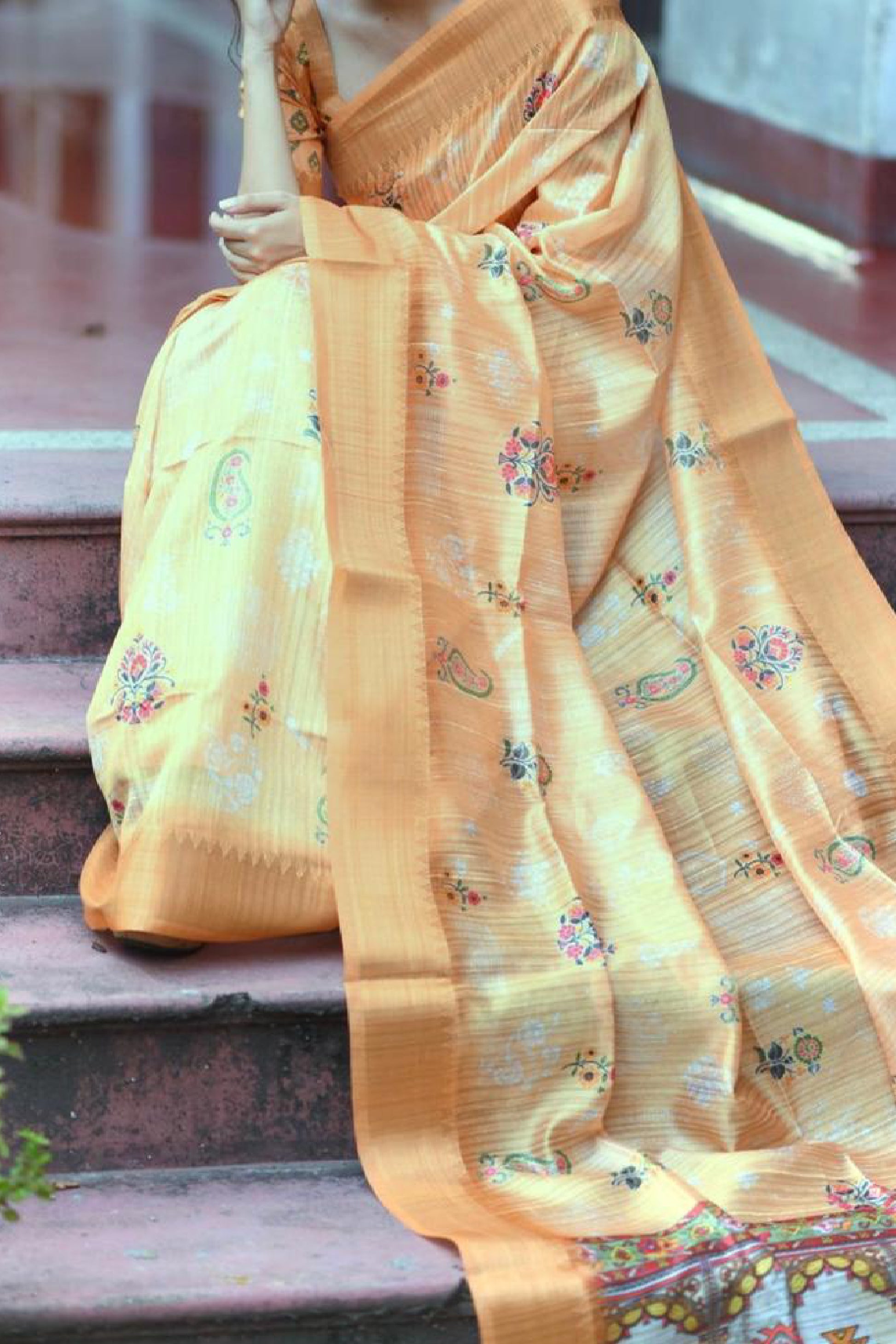 orange colour Tussar silk sarees with woven border design