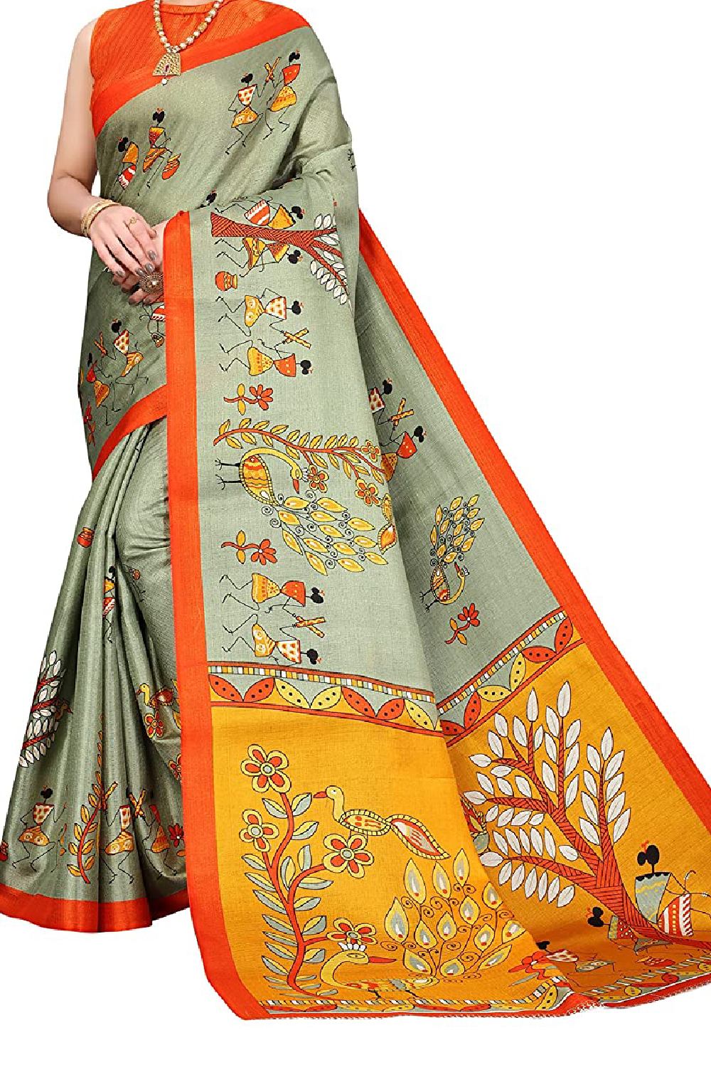 Orange Art Silk Printed Saree for Women