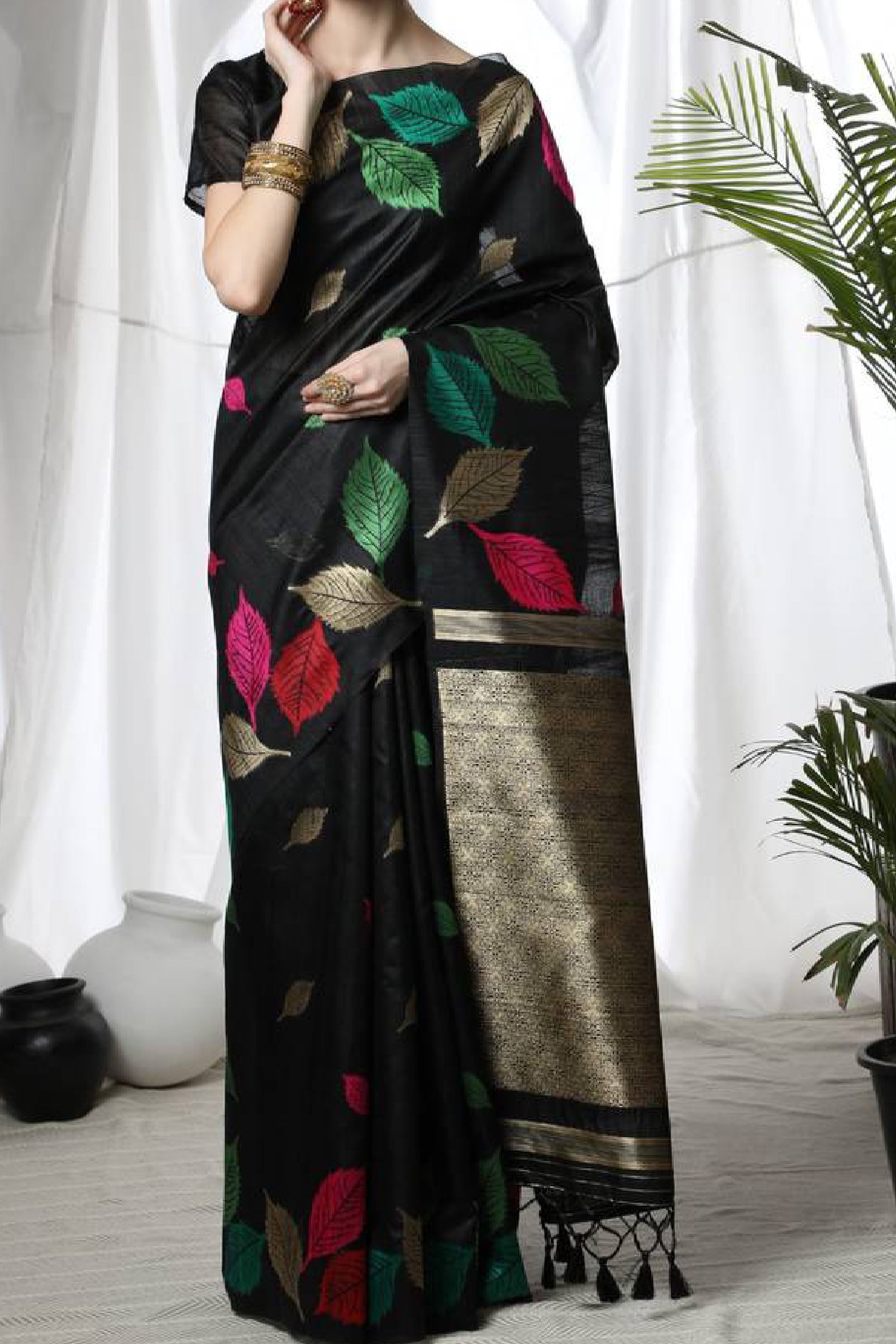 Explore the Black Tussar Silk Saree with Weaving Leaf Design available in the UAE