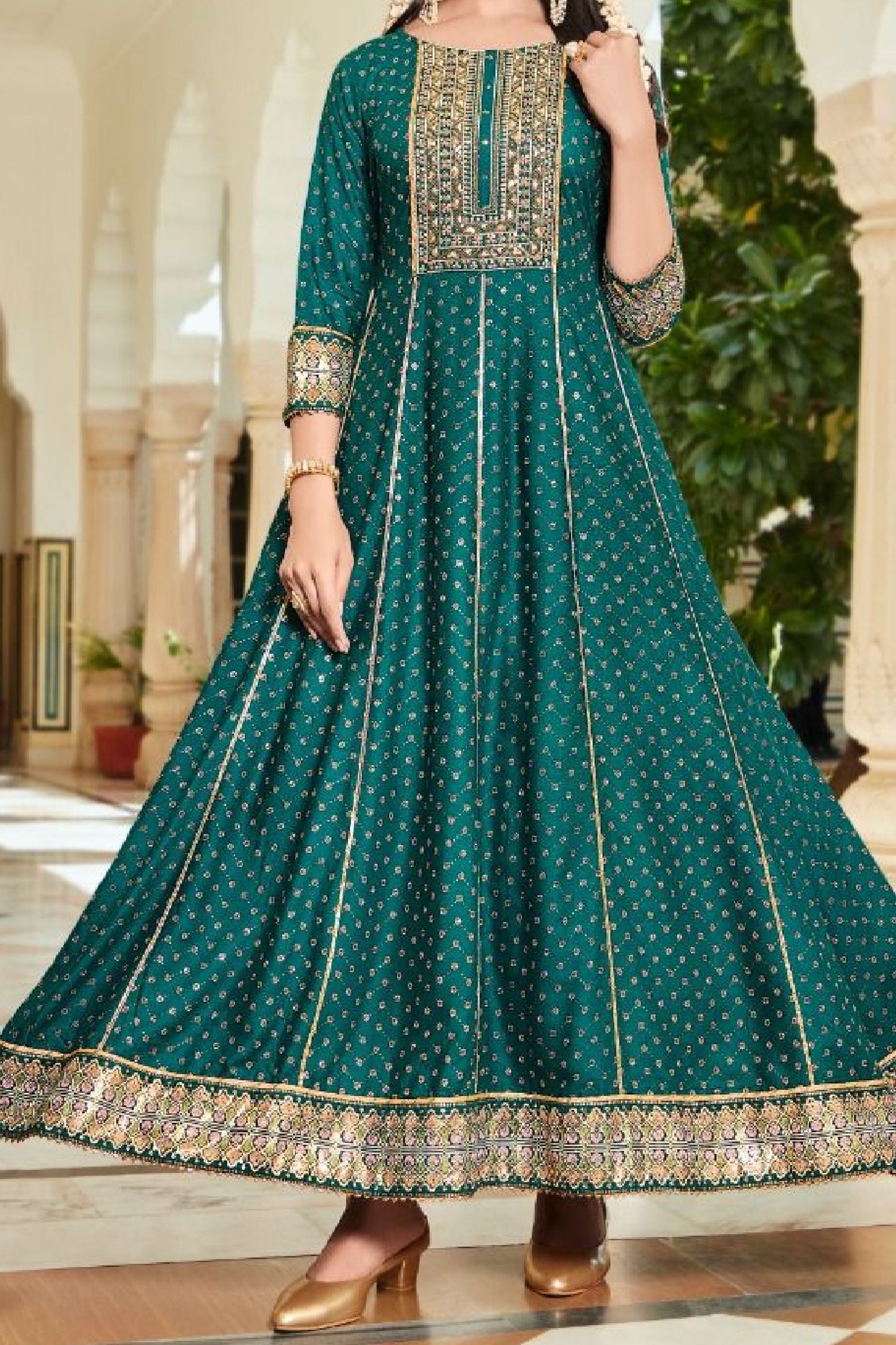Fancy Embroidery work & Foil Prints Green Gown