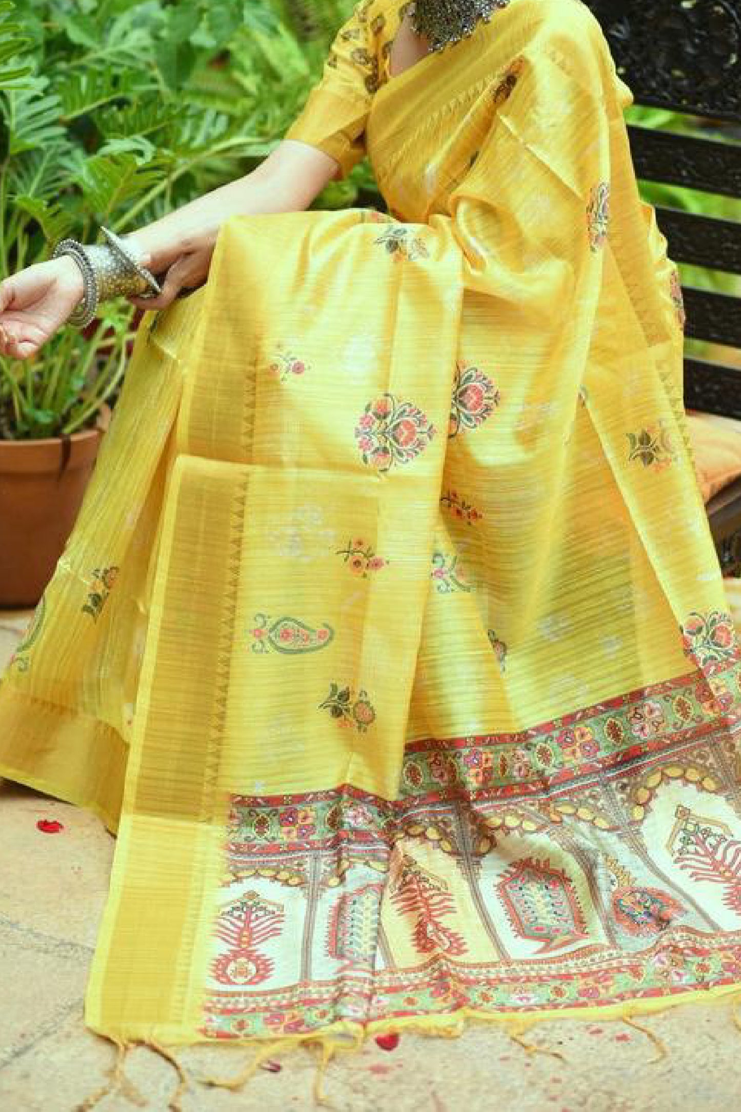 yellow colour Tussar silk sarees with woven border design